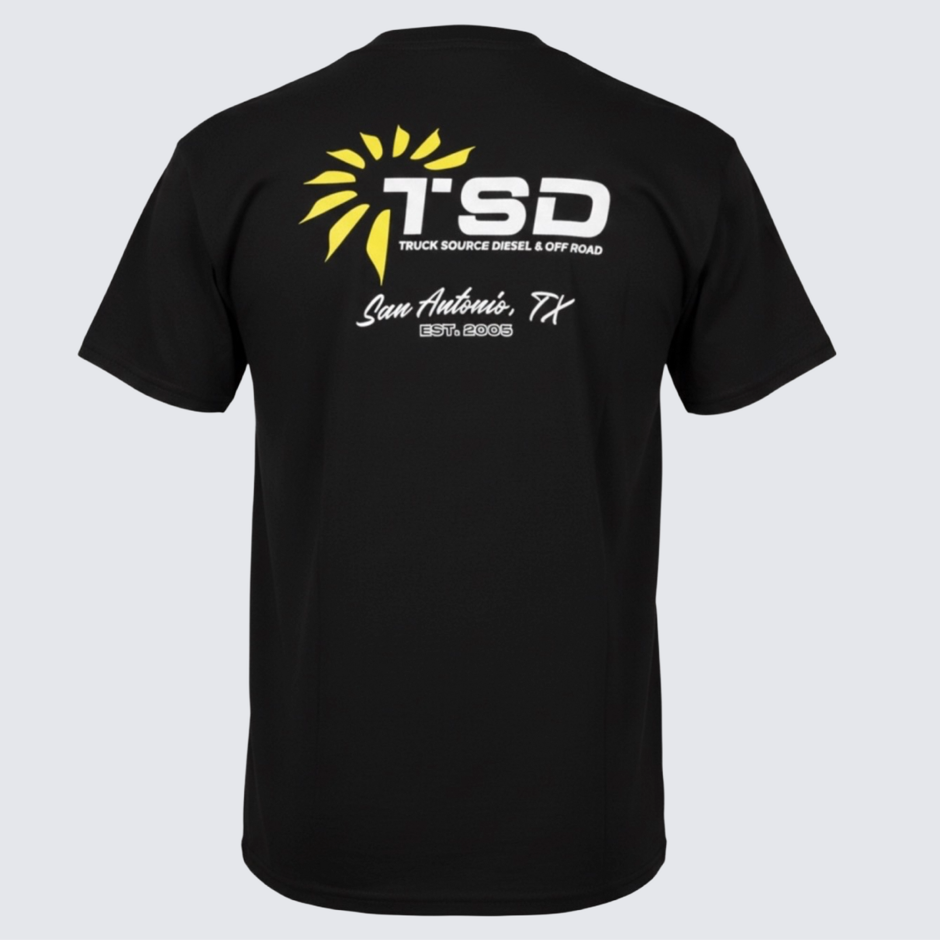 Youth Logo Tee - Black T-shirt with yellow and white “TSD” logo and “San Antonio, TX” text on the back