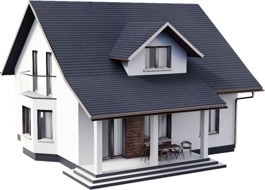 Two-story white house with a dark gray roof, porch, balcony, and dormer.