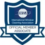 The logo for the international window cleaning association is a shield with a globe on it.