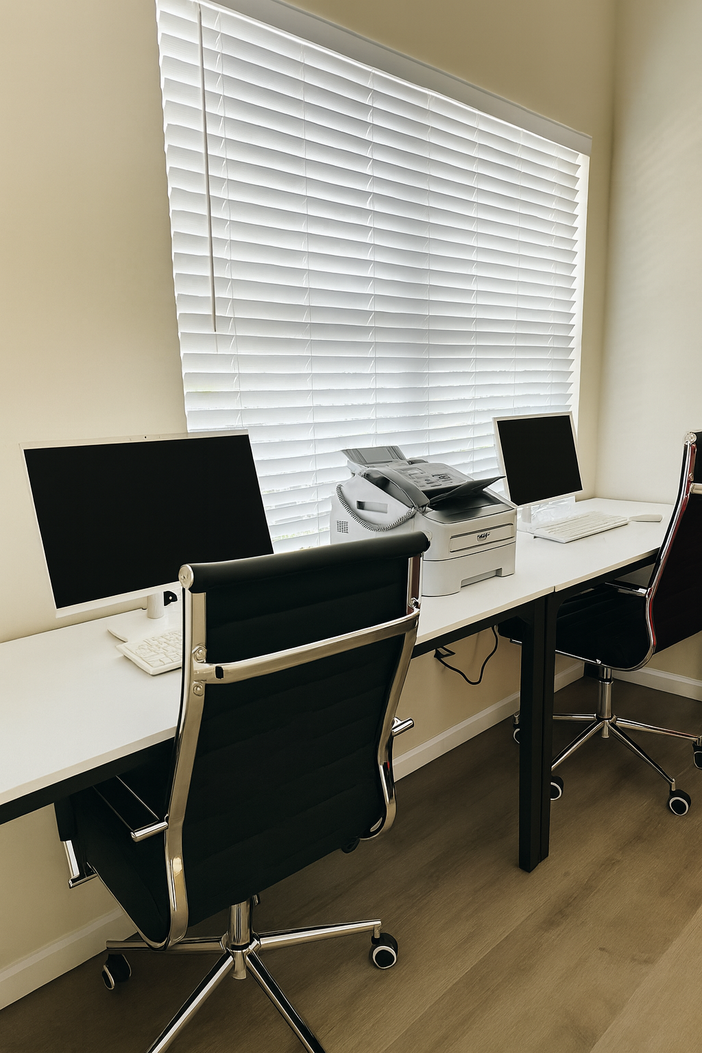 Office space with desks, computers, chairs, and printer near a window with blinds.