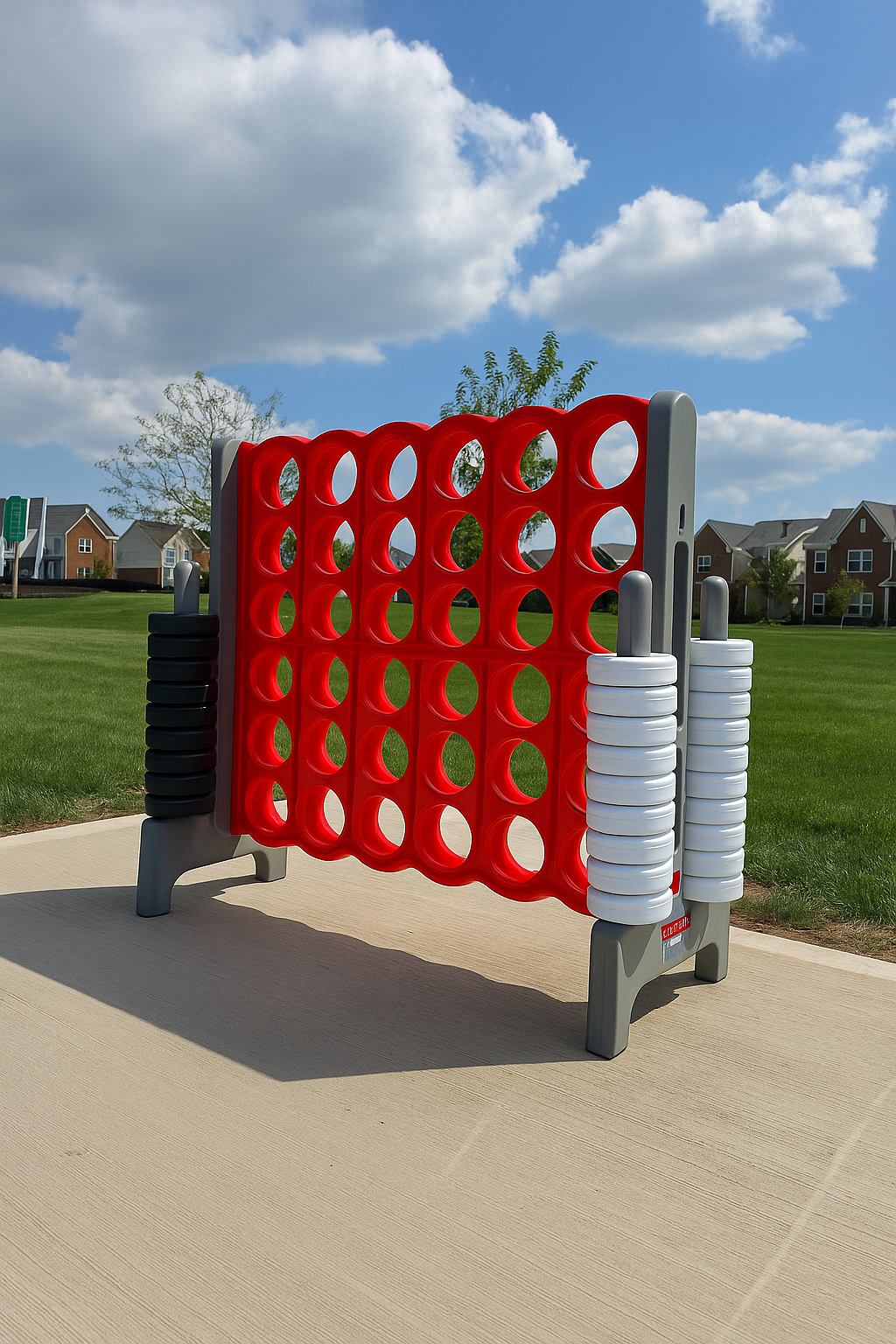 Giant Connect Four game on a concrete pad in a park, with red and gray frame and black and white game pieces.