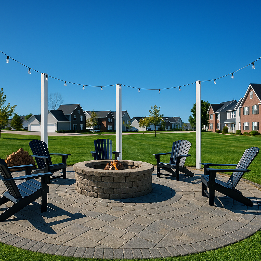 Fire pit patio with Adirondack chairs, string lights, and neighborhood homes under a blue sky.