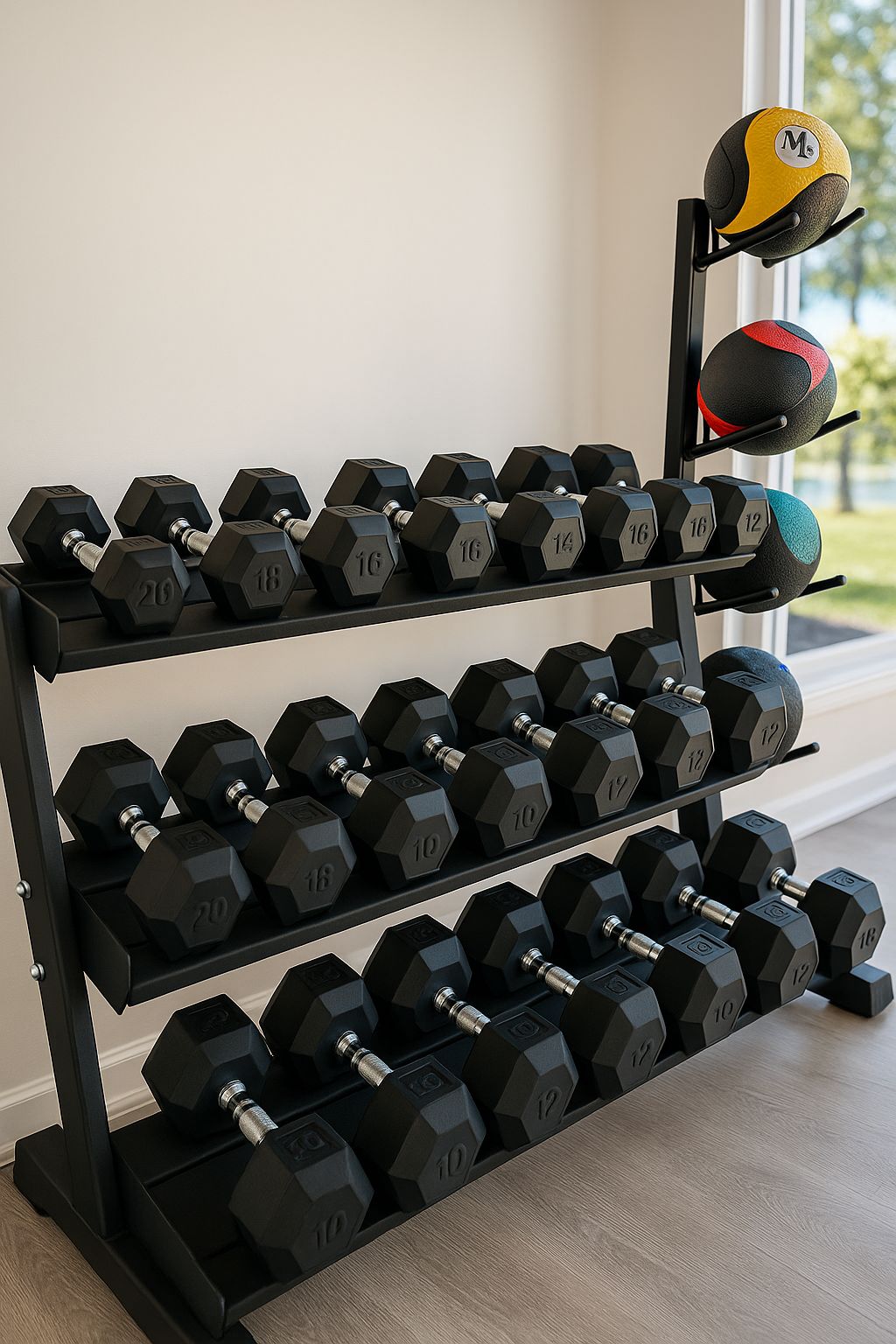 Dumbbells on a rack, medicine balls alongside. Exercise equipment in a room with a window and white walls.