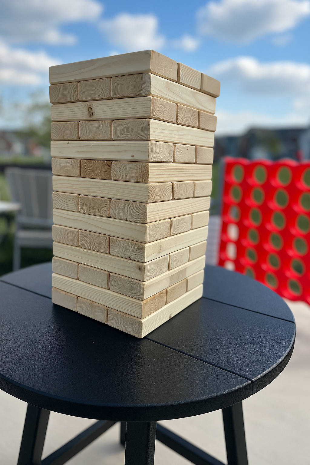 A tall tower of wooden blocks on a black table; Connect Four game in background.