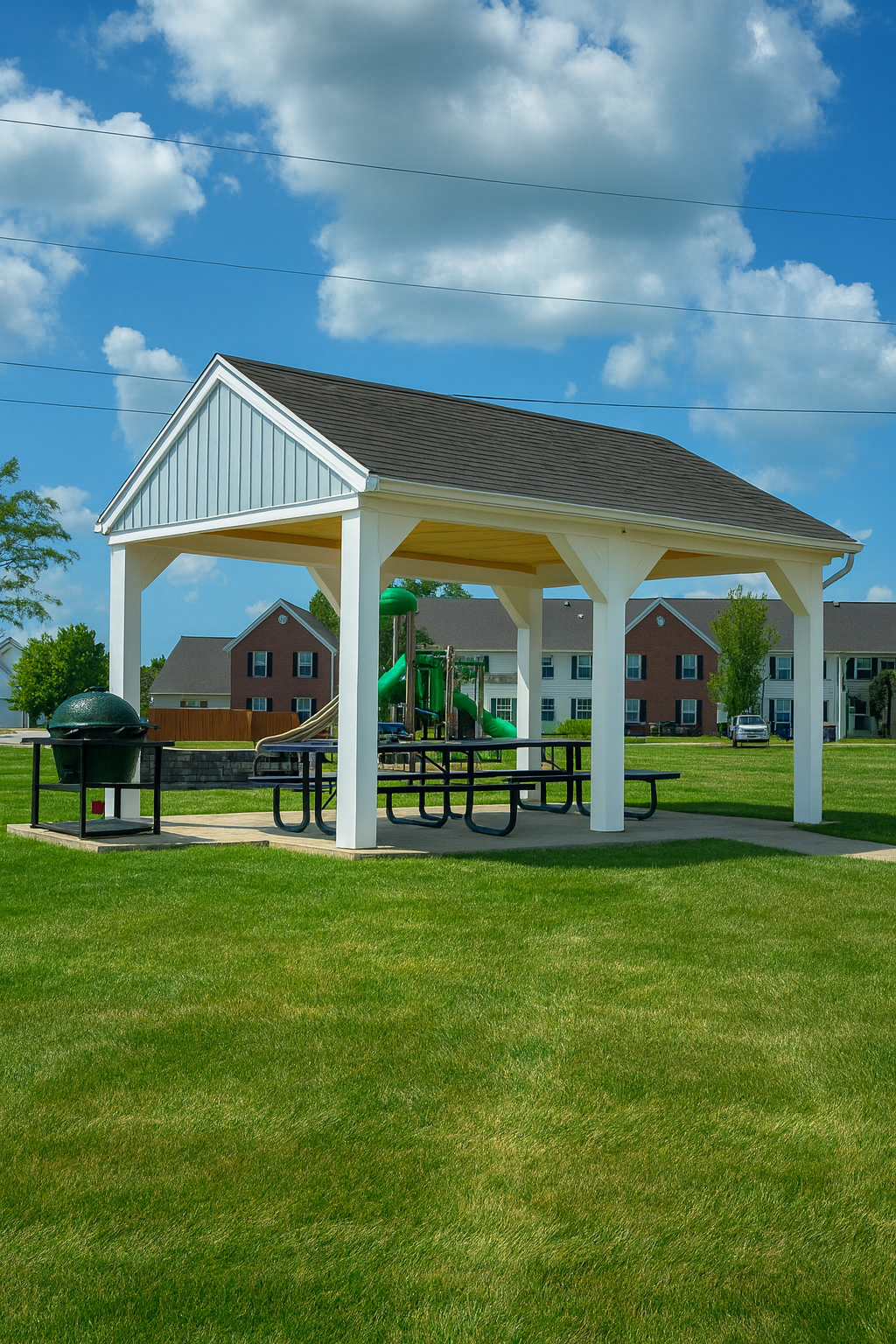 Picnic pavilion in park with grill, tables, and playground; buildings in background under blue sky.