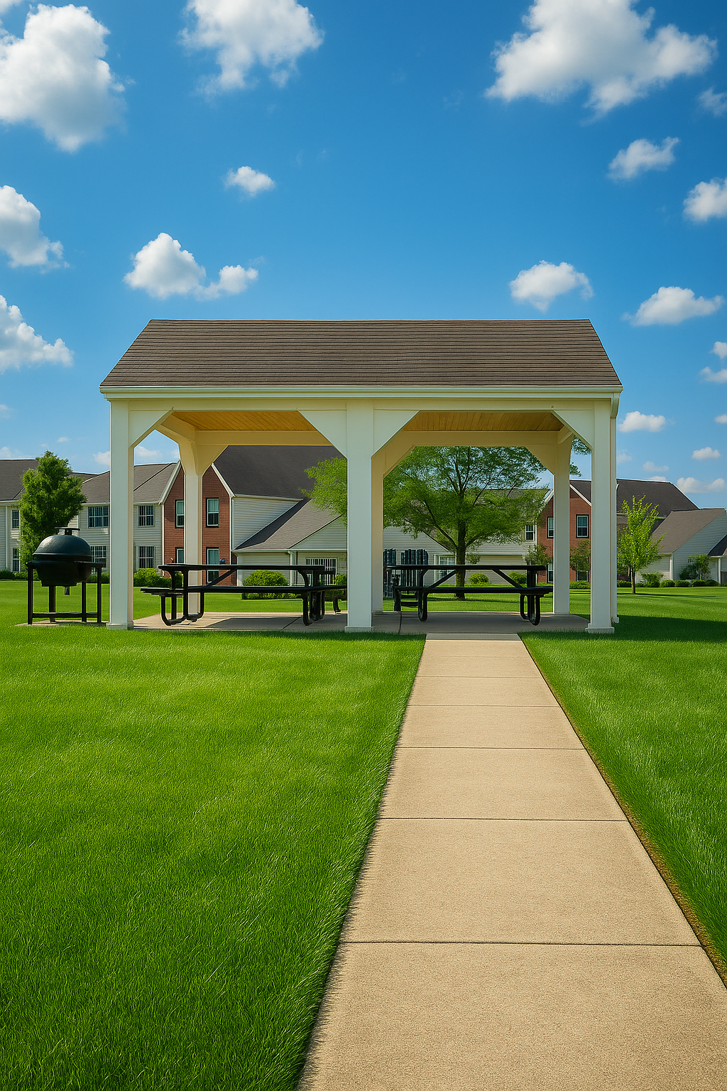 Pavilion with picnic tables and grill on a green lawn, sidewalk leading toward it under blue sky.