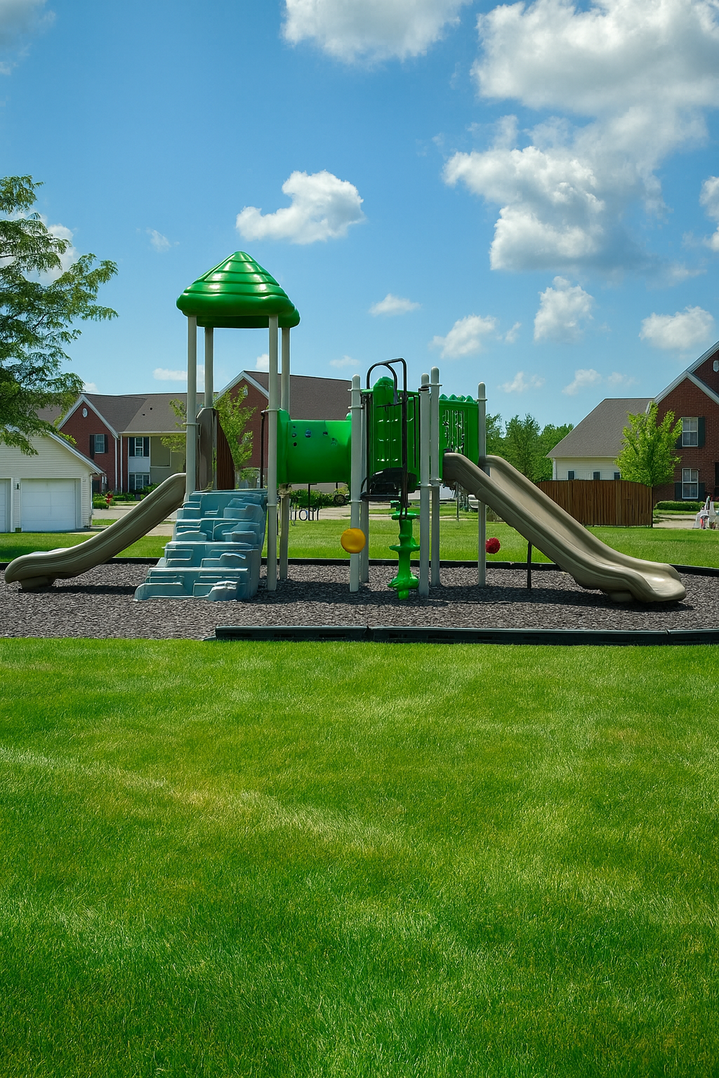 Playground equipment in a grassy area under a blue sky with some clouds.