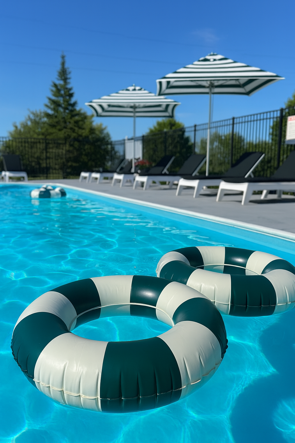 Swimming pool with green and white striped floats, lounge chairs, and umbrellas on a sunny day.