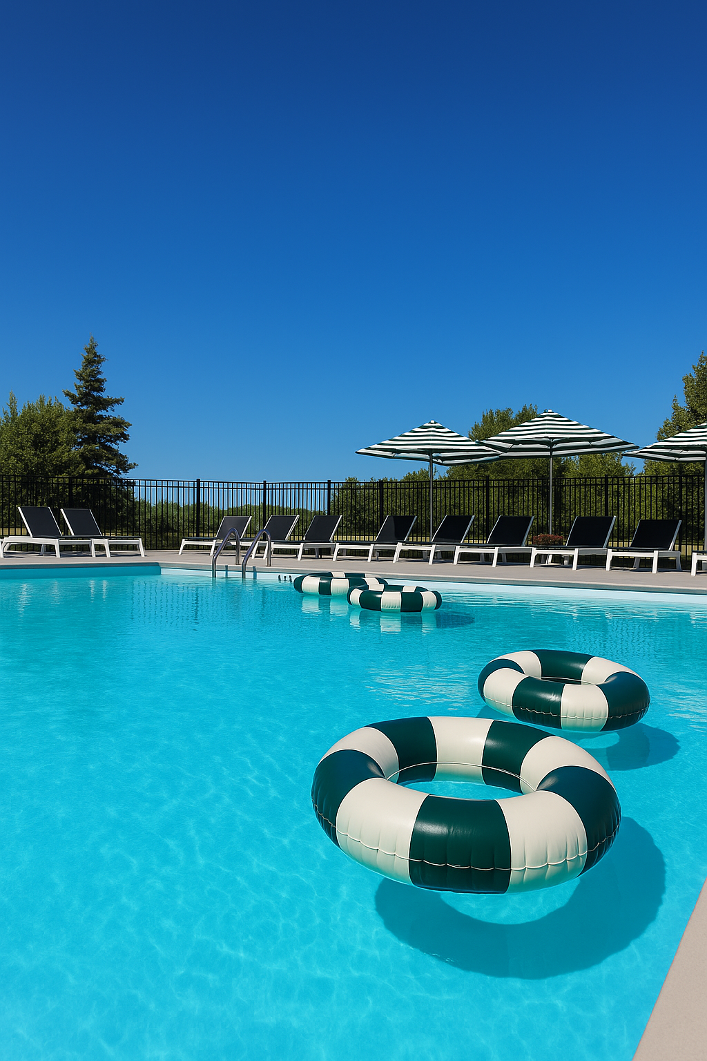 Pool with green and white inner tubes, lounge chairs, and striped umbrellas under a bright blue sky.