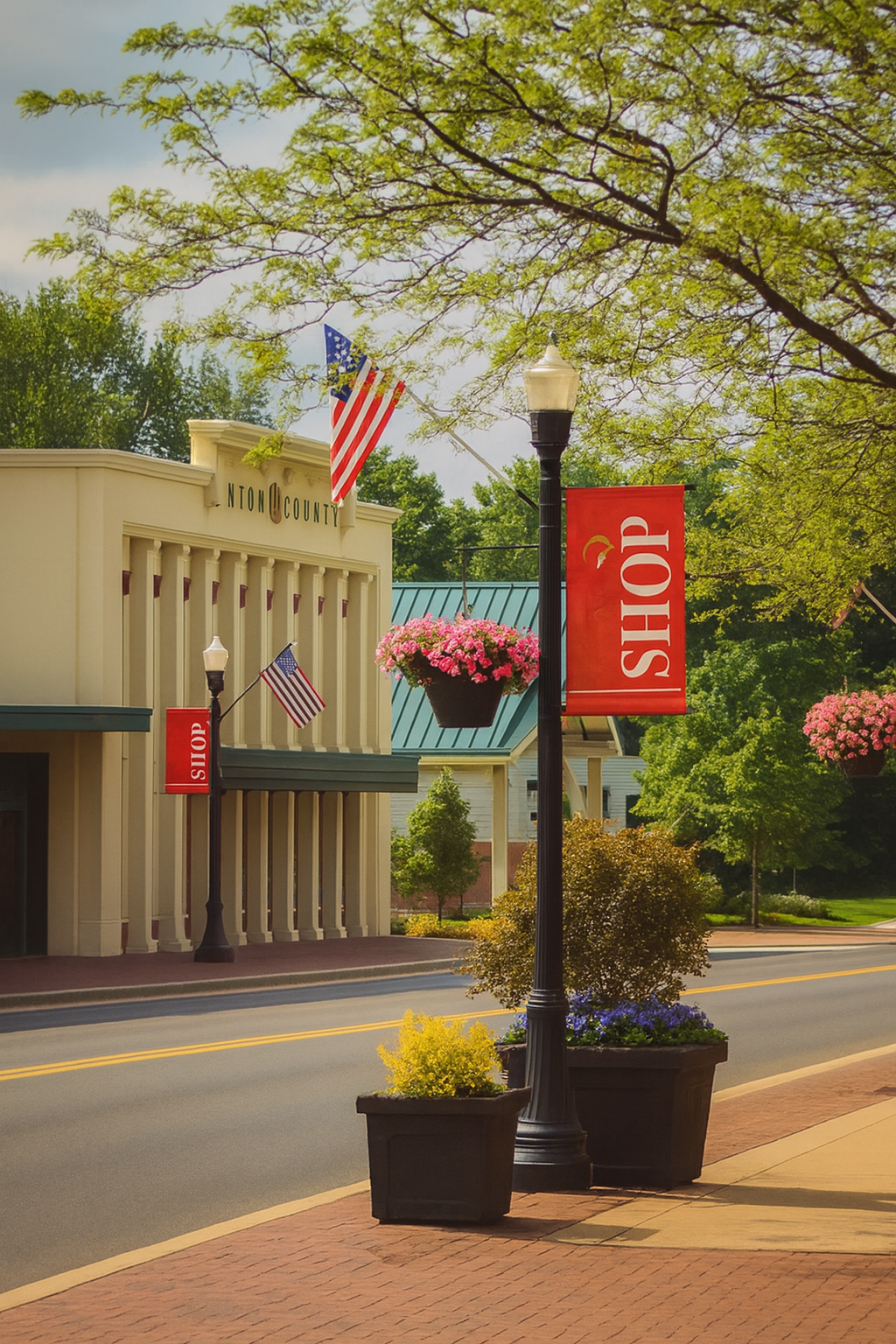 Street view of storefront with American flags and 