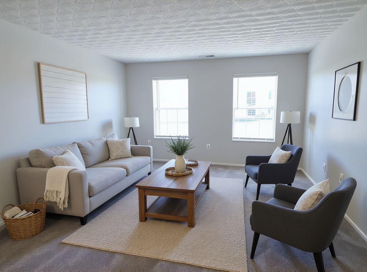 Living room with light gray walls, couch, rug, coffee table, and armchairs. Two windows and framed wall art.