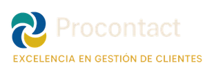 El logotipo de Procontact, una empresa de gestión de clientes. Presenta un símbolo en espiral verde azulado, azul y dorado con el texto 