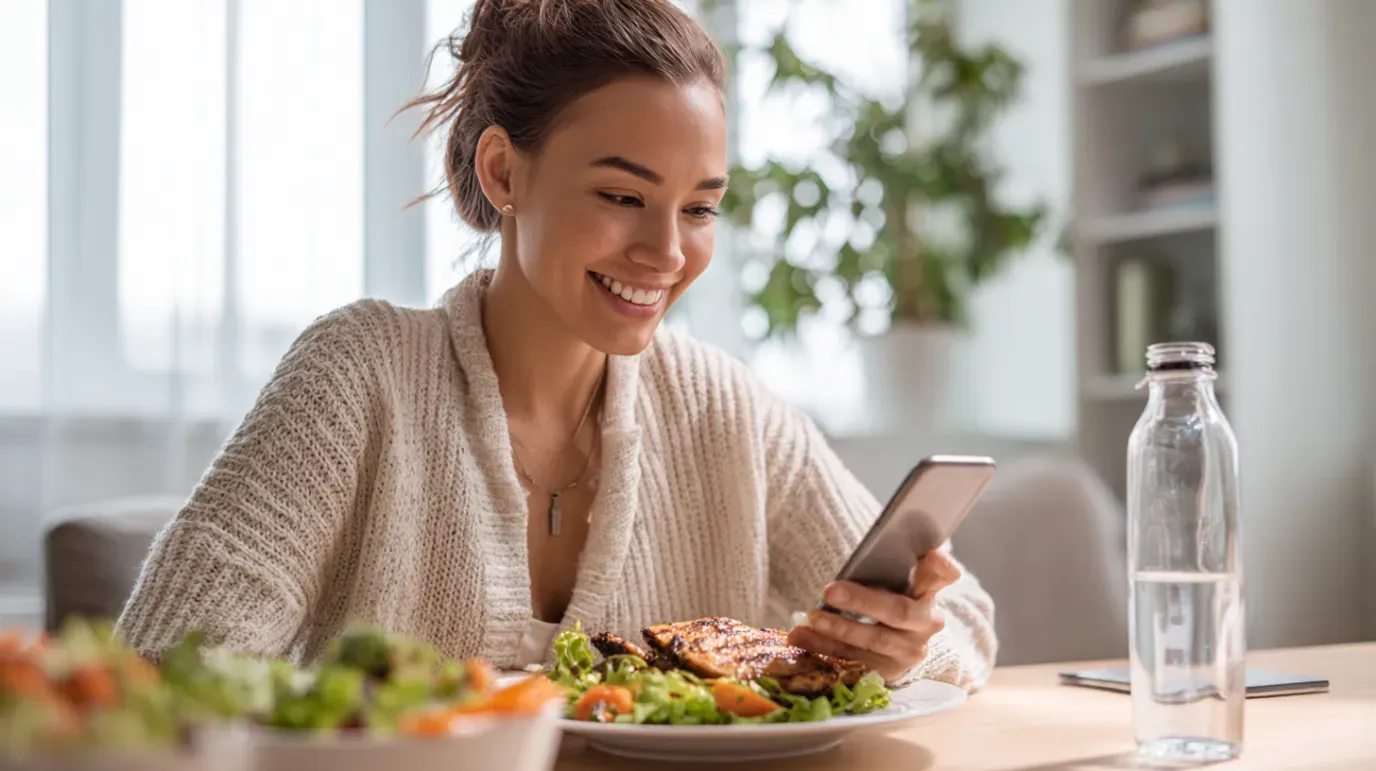 Woman smiling at phone while eating healthy meal at a table with a water bottle and a houseplant.