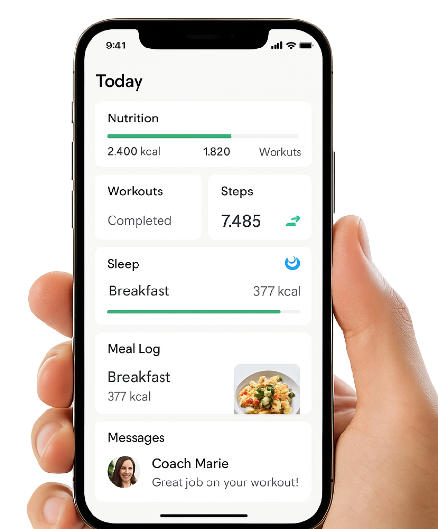 Hand holding a phone displaying a health tracking app with nutrition, workouts, steps, and meal log data.