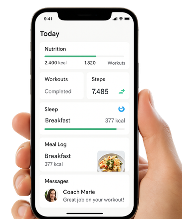 Hand holding a phone displaying a health tracking app with nutrition, workouts, steps, and meal log data.
