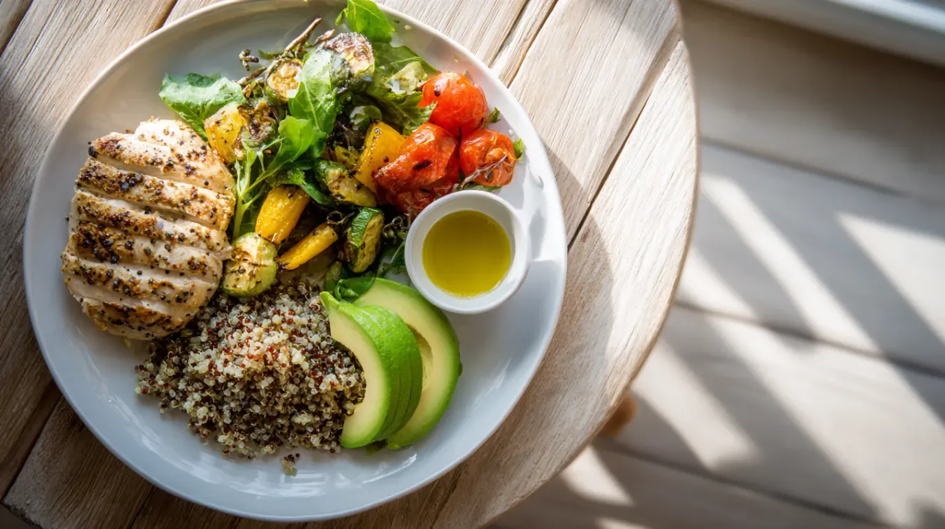 Grilled chicken and quinoa salad with avocado, vegetables, and olive oil, on a plate.