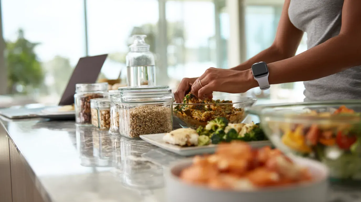 Woman preparing food on a counter with various ingredients in jars and bowls near a laptop and water bottle.