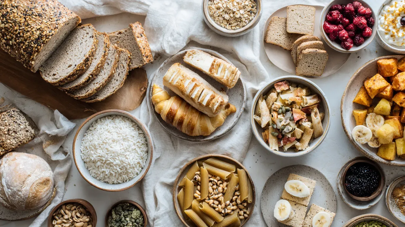Assortment of baked goods and various foods on a white surface, including bread, pasta, and fruit.