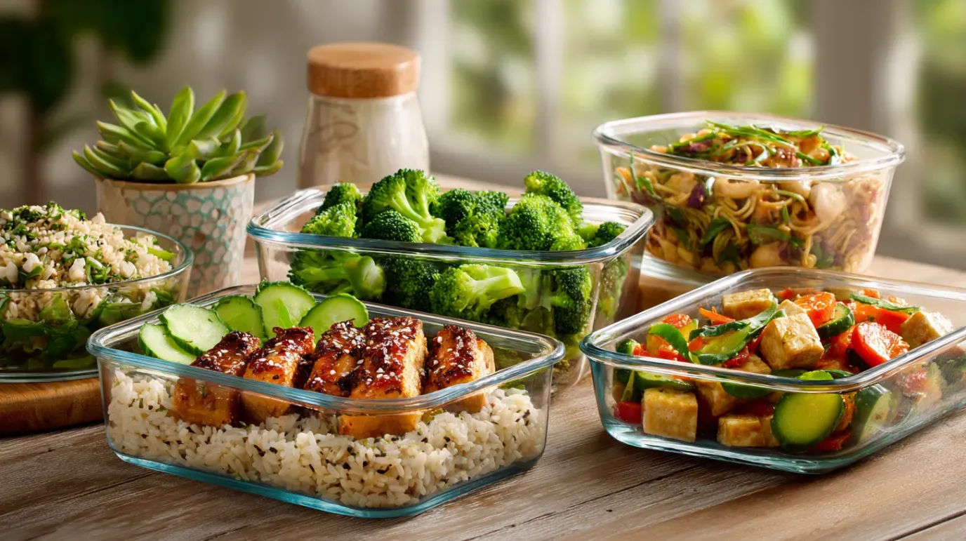 Glass containers with prepared meals: broccoli, tofu, rice, and stir-fry, near a window.