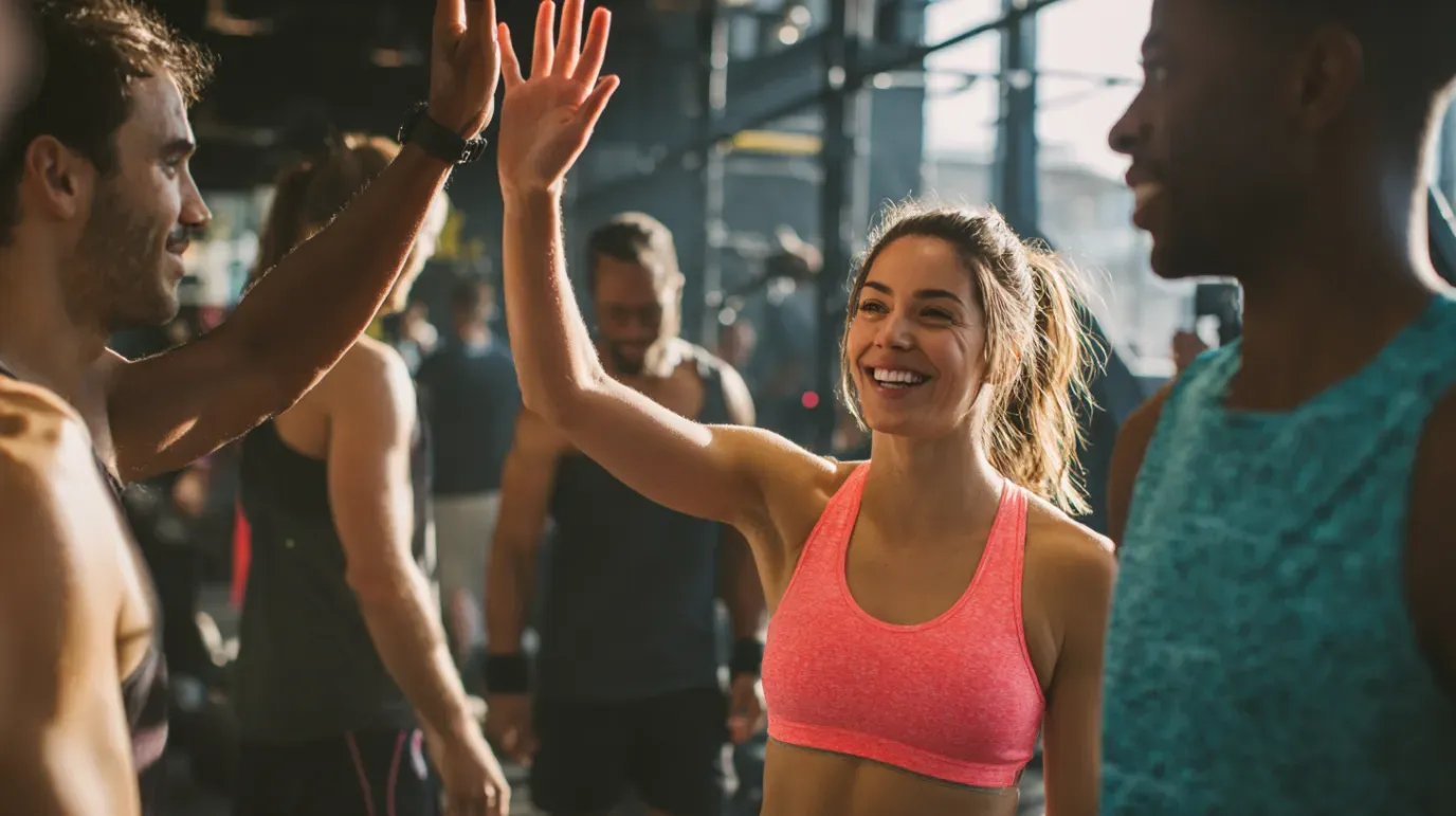 People in gym high-fiving. Woman in pink sports bra smiles, high-fiving another. Others work out in background.