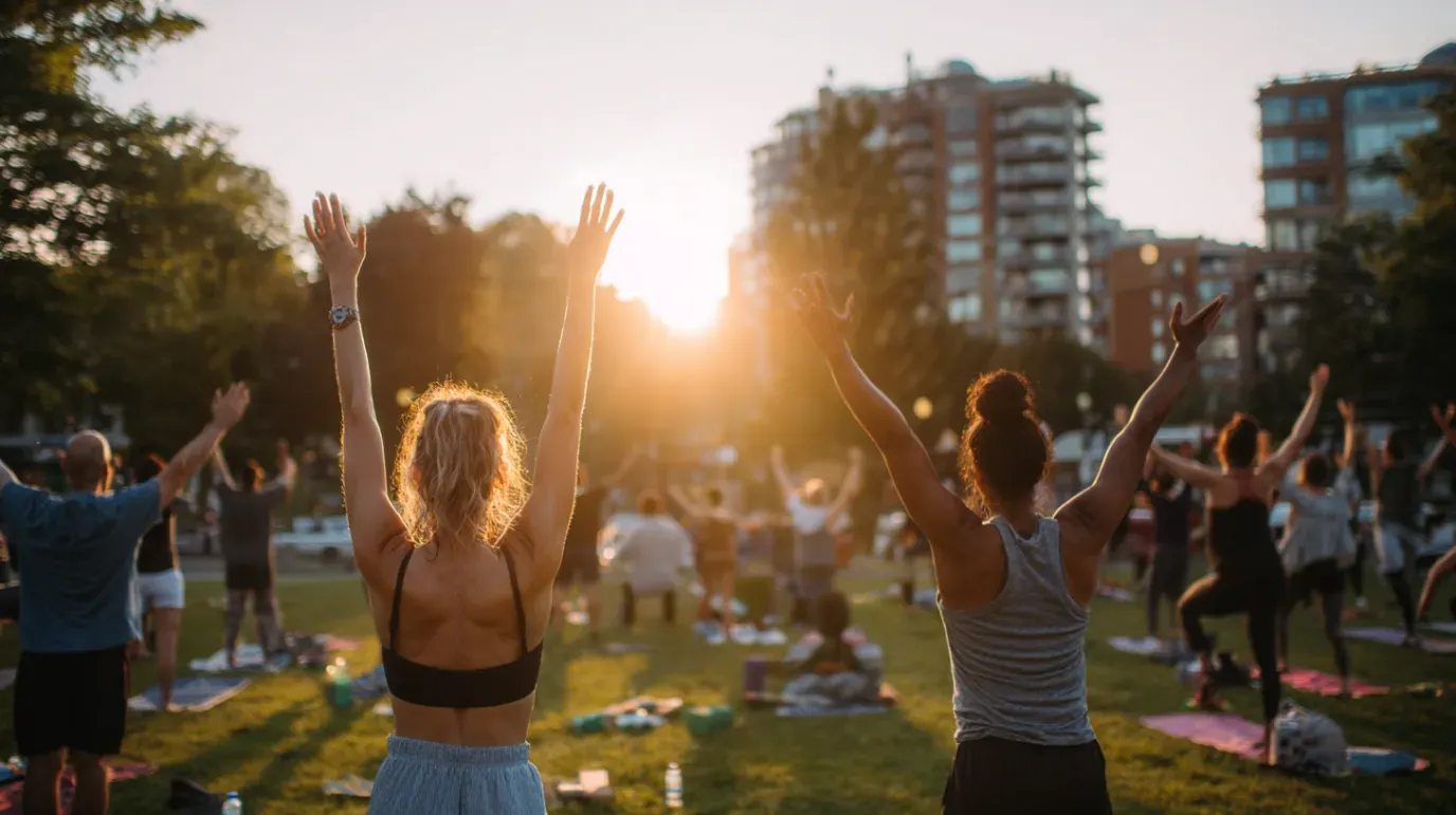People in a park doing yoga with arms raised at sunset, buildings in the background.