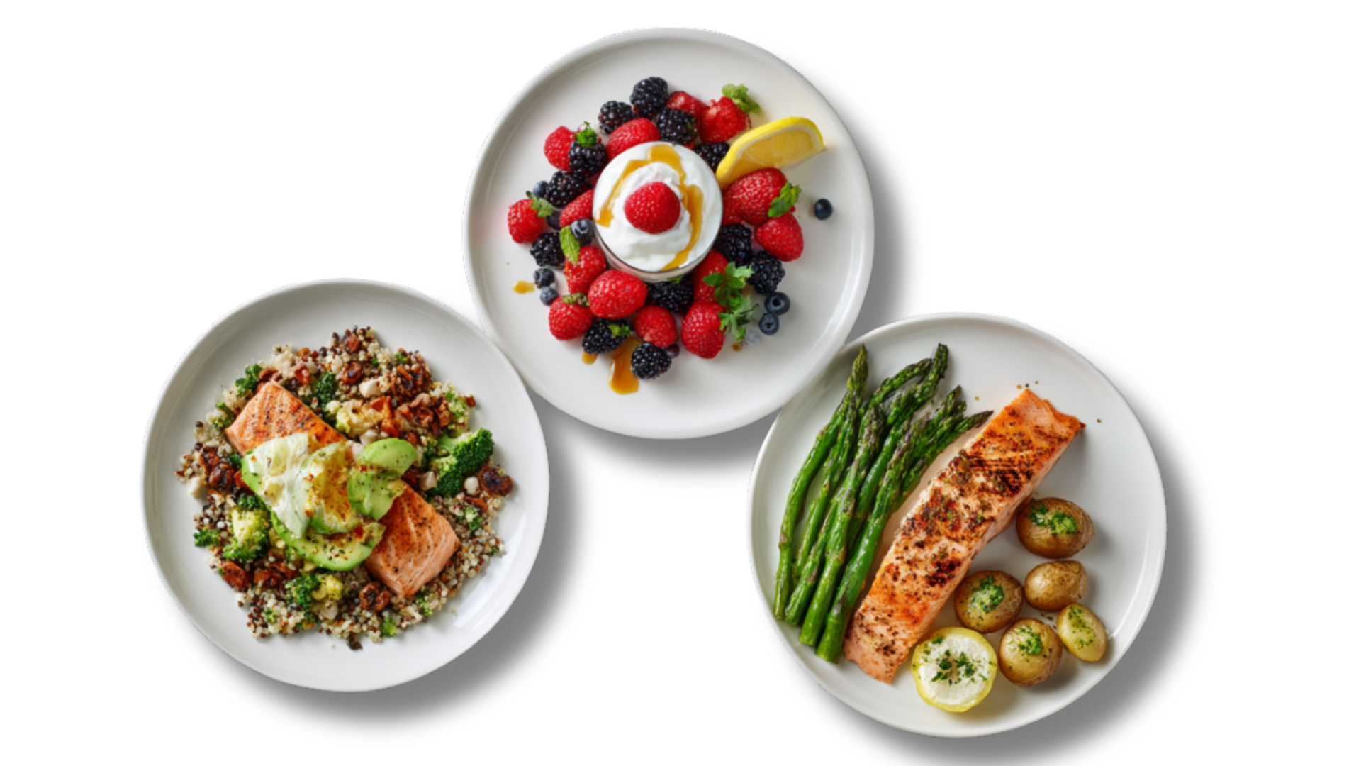 Three plates with healthy food: salmon with vegetables, berries with cream, salmon with asparagus and potatoes.