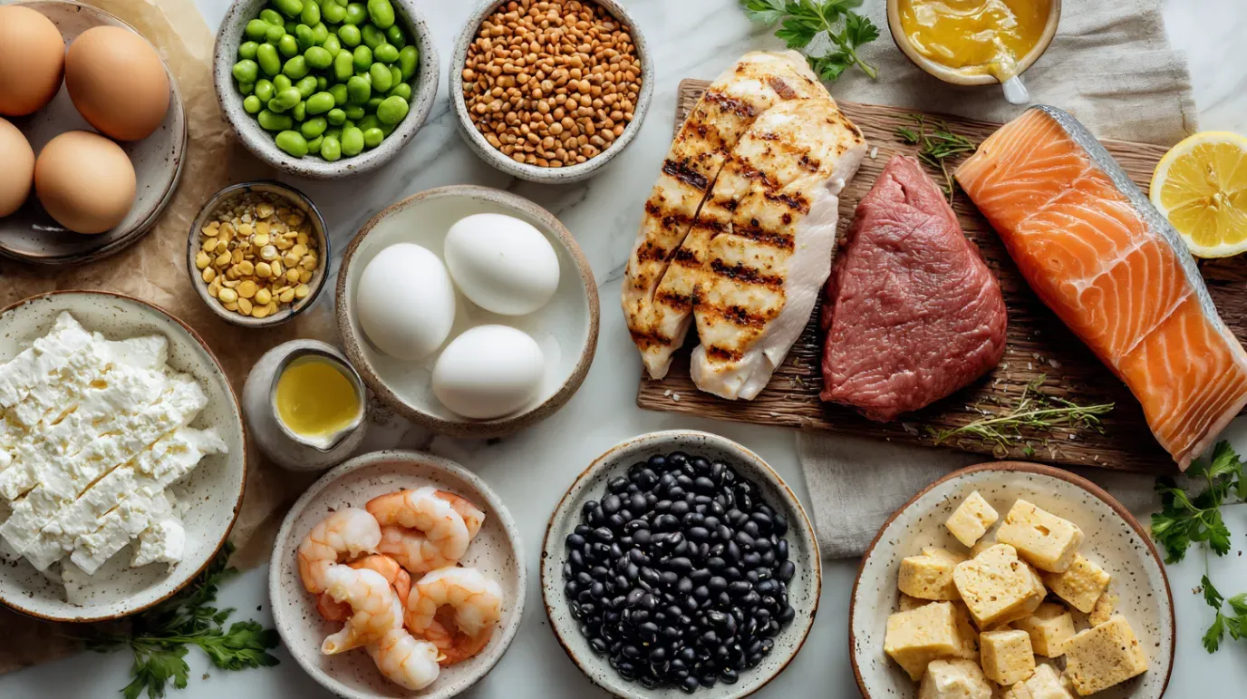 Assortment of protein-rich foods: eggs, fish, meat, tofu, beans, edamame, and lentils, on a marble surface.