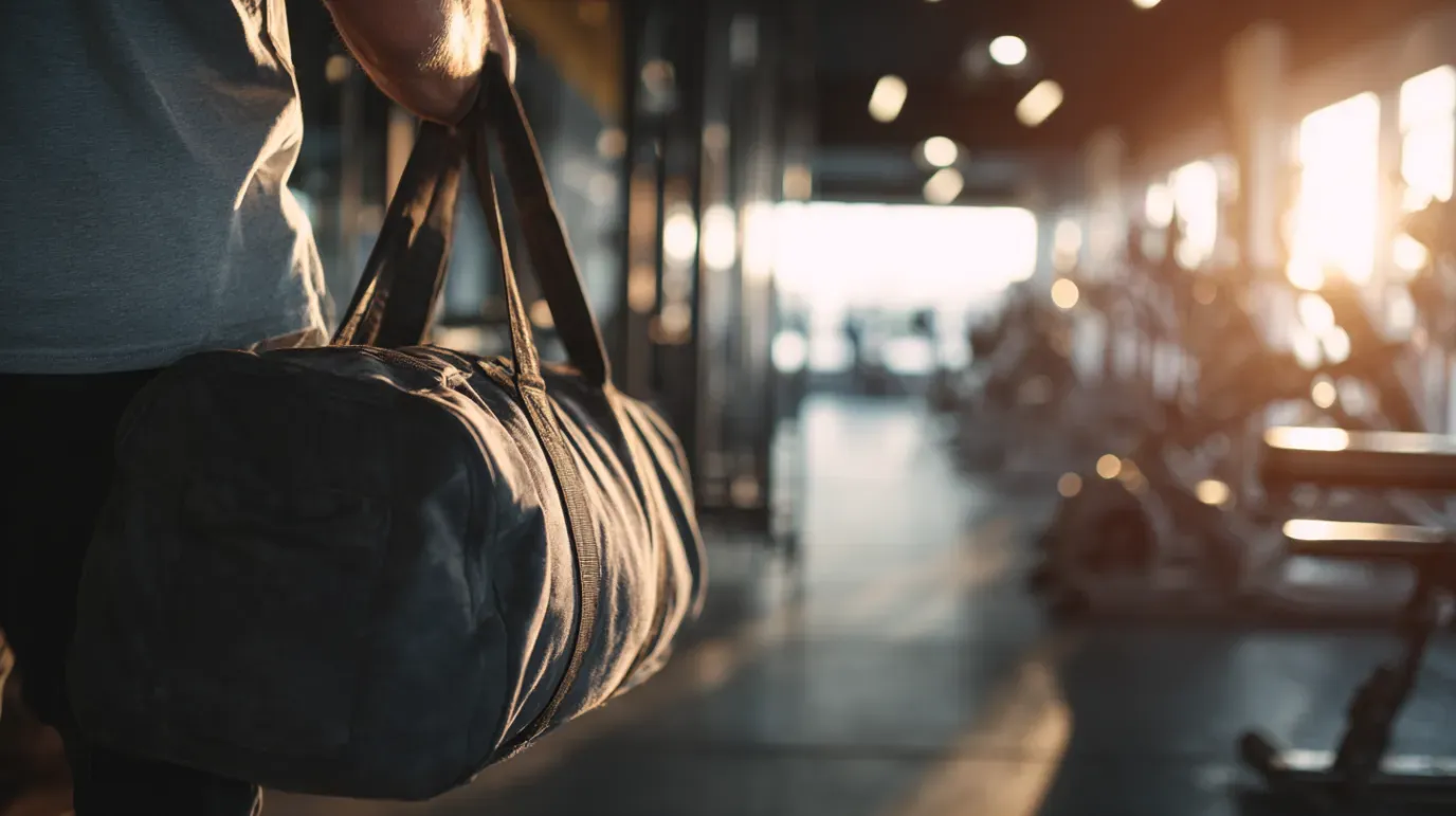 Person holding a gym bag, walking into a brightly lit gym.
