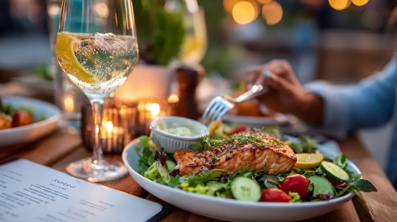 Salmon salad with a glass of wine on a table, a person eating, outdoor setting.