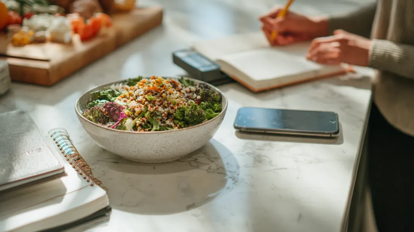 Bowl of salad, phone, notebook, and person writing at a kitchen counter.