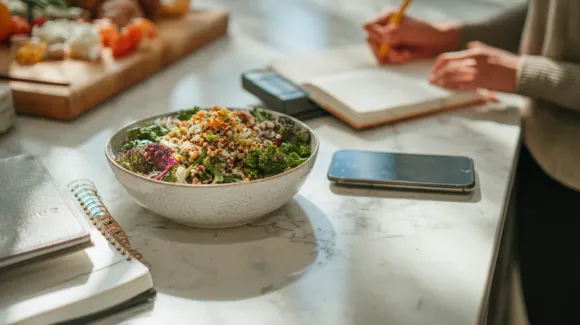 Bowl of salad, phone, notebook, and person writing at a kitchen counter.