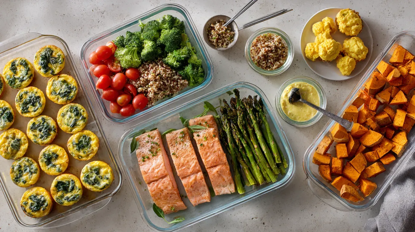 Overhead shot of meal-prepped food in glass containers: quiches, salad, salmon, asparagus, sweet potatoes.