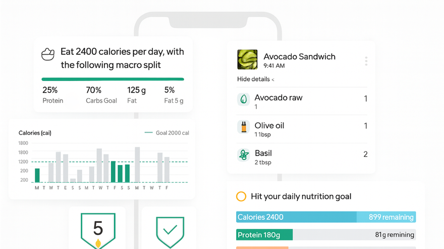 Nutrition app displaying daily calorie goals and an avocado sandwich recipe.