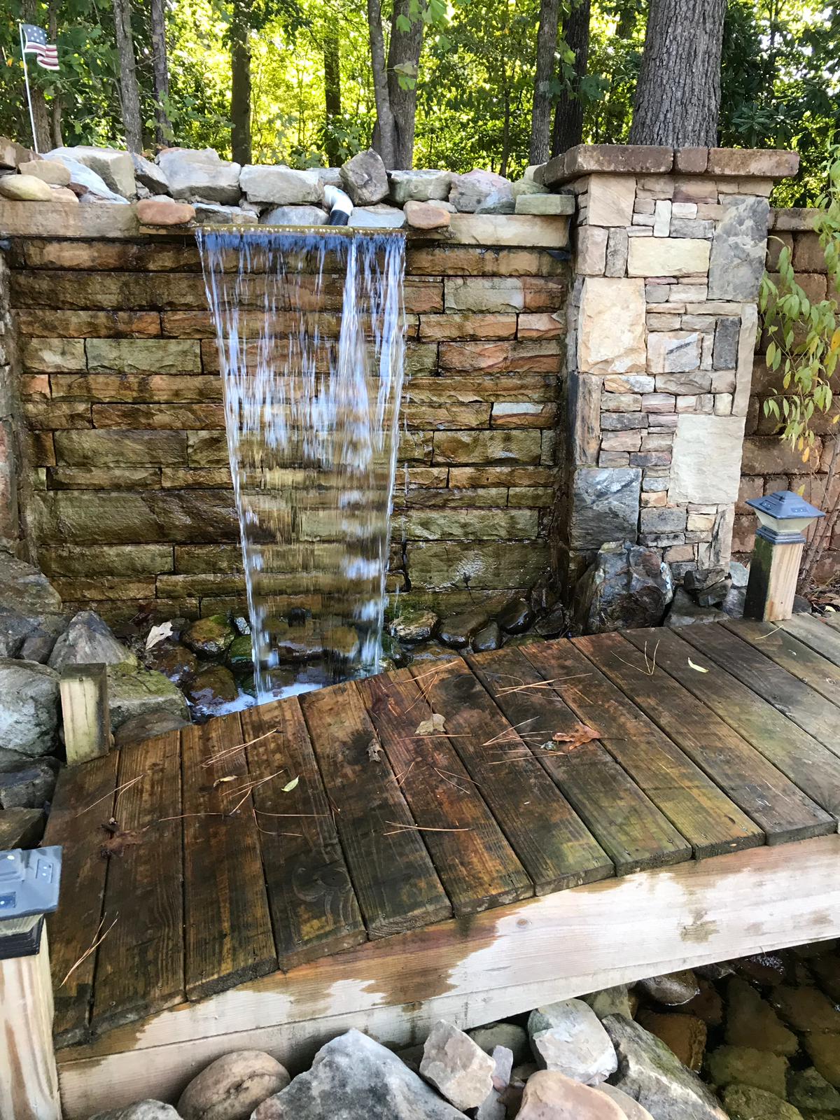 Close-up View of Bridge and Waterfall Landscape — Dawsonville, GA — Dixie Landscapes