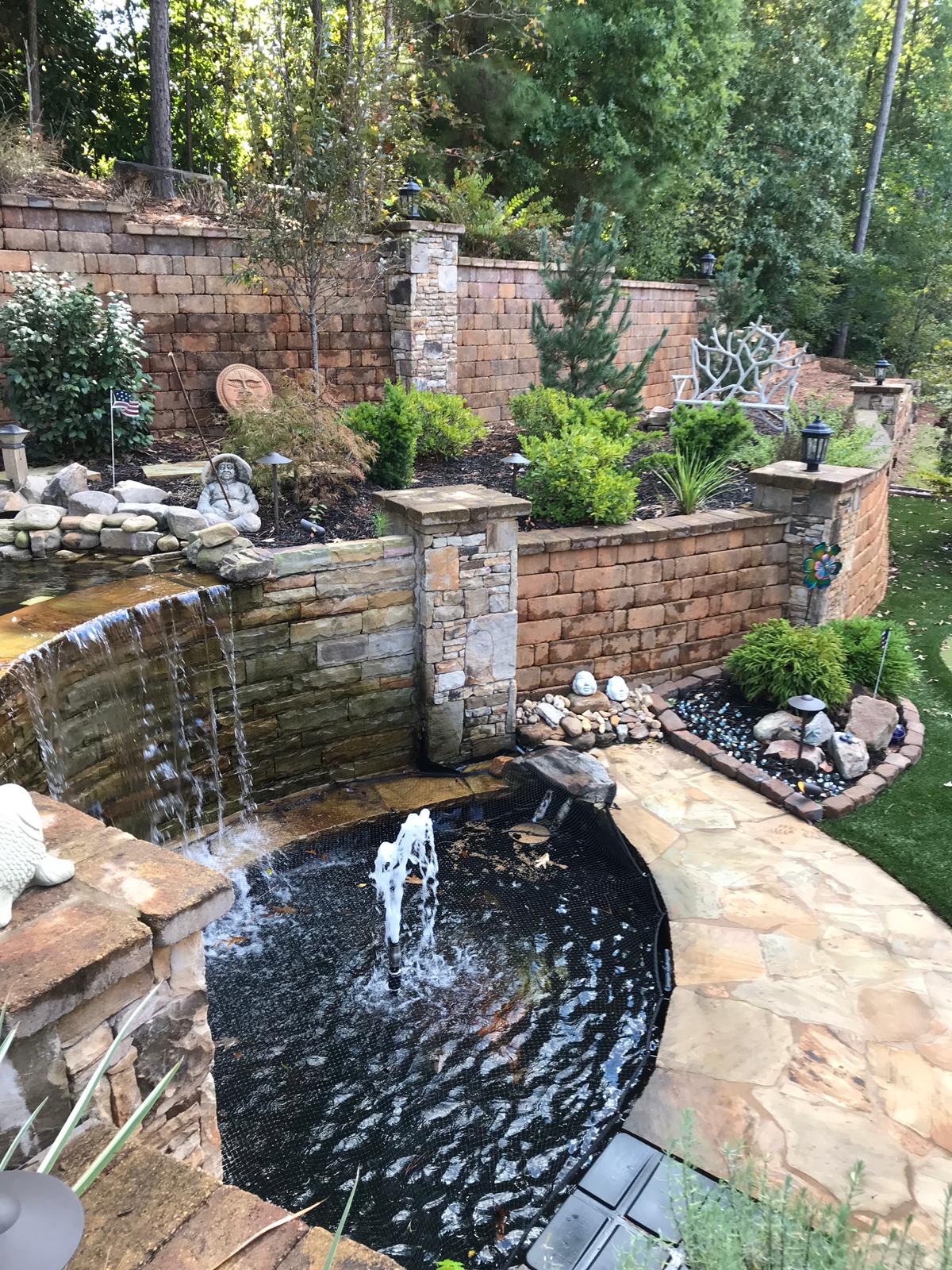 Fish Pond, Waterfall and Brick Wall — Dawsonville, GA — Dixie Landscapes
