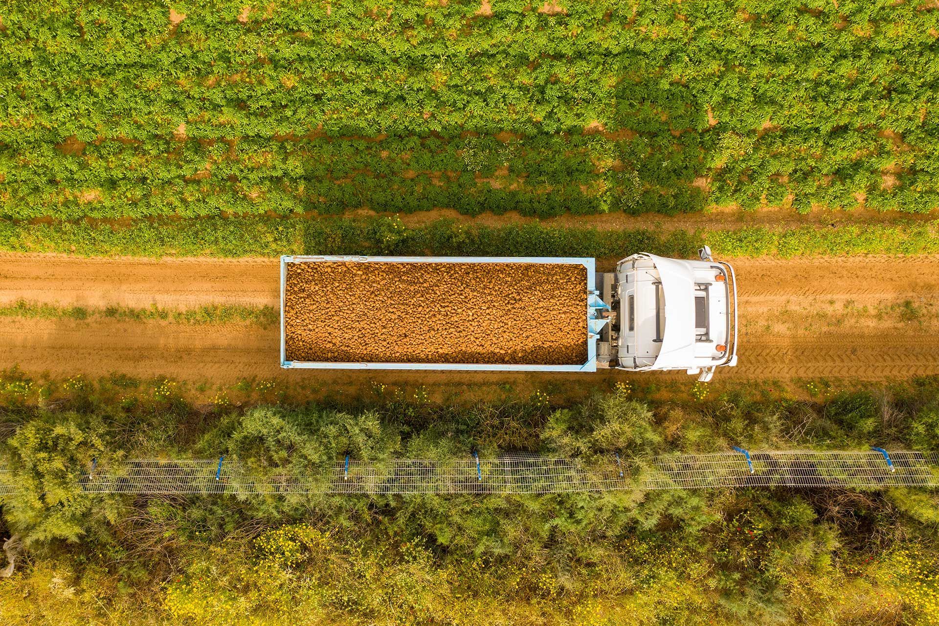Truck loaded with fresh picked Potatoes crossing a filed, Aerial image.