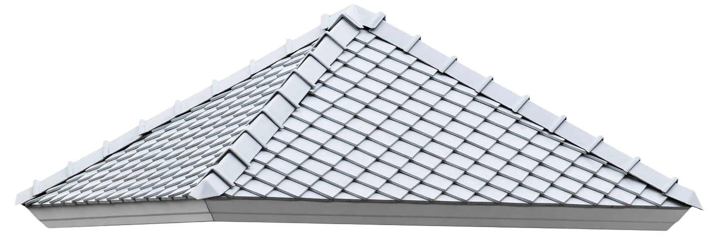 White tiled roof with a peaked ridge and dark gray trim against a plain background