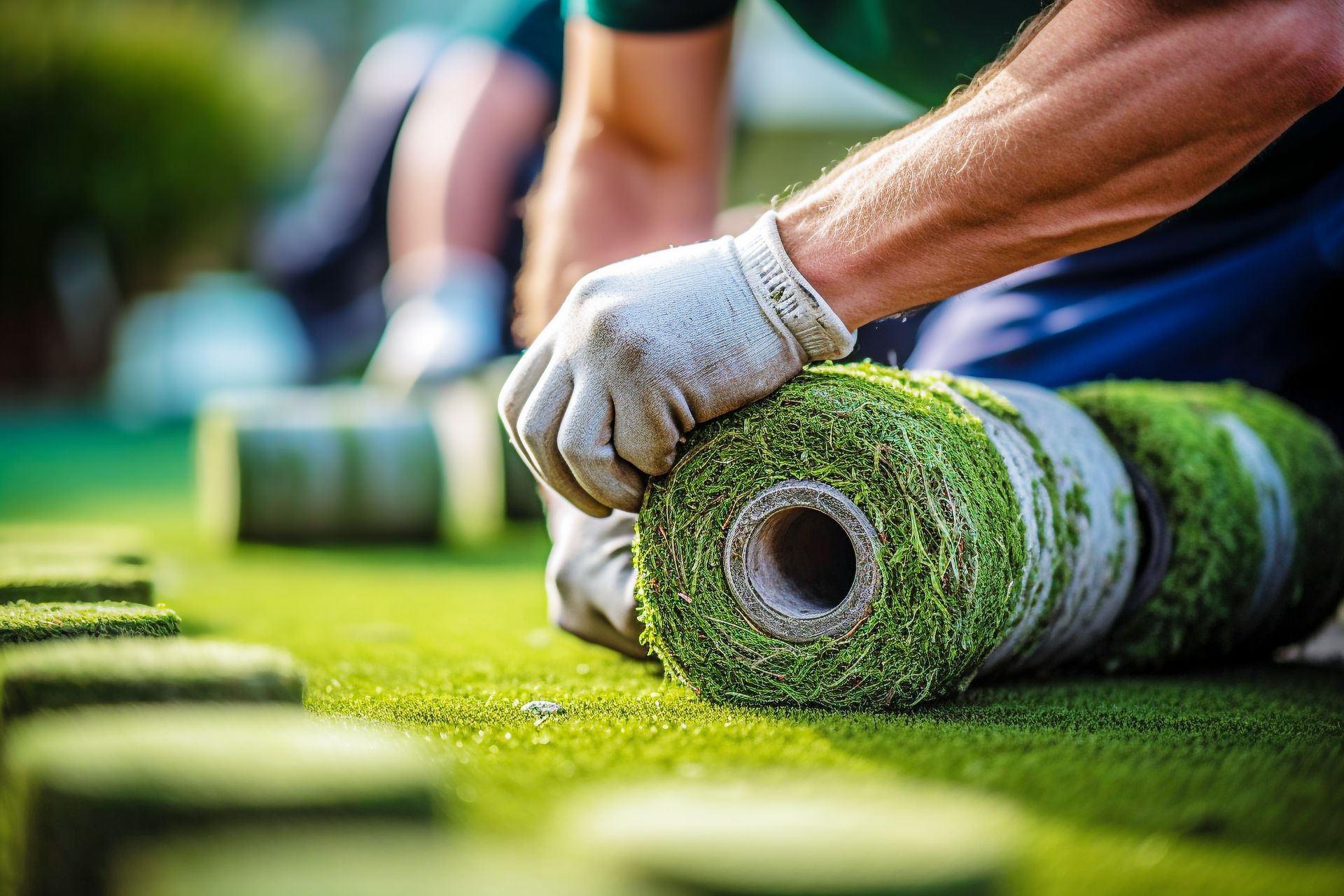 A man is rolling a roll of grass on the ground.