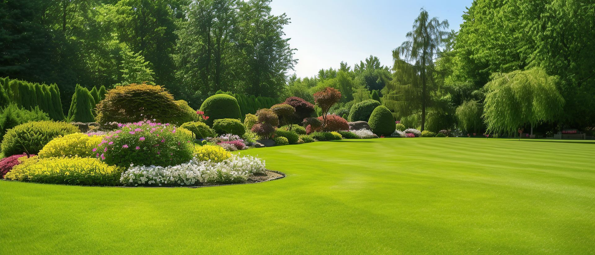 A lush green lawn surrounded by trees and bushes on a sunny day.