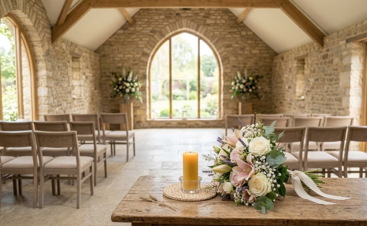Elegant memorial chapel setup with flowers and a candle at Lee's Summit, MO funeral home and cremations
