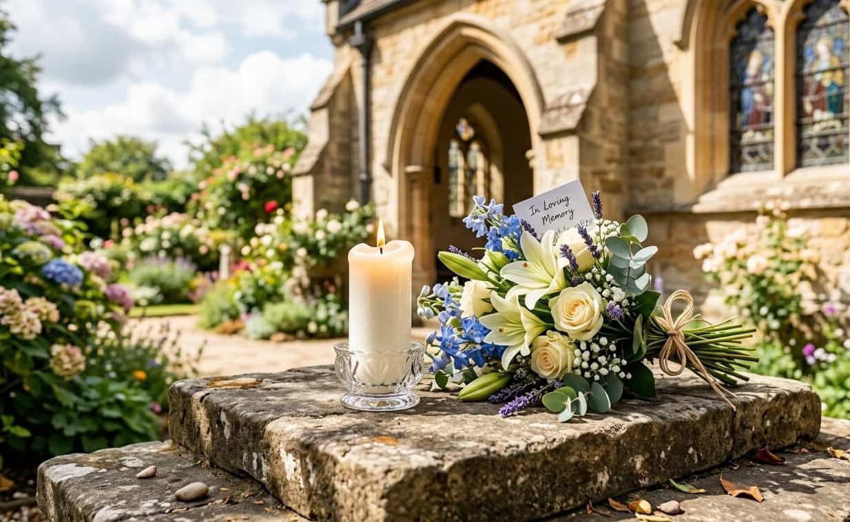 Memorial bouquet and a candle outside the church by the Independence, MO funeral home and cremations