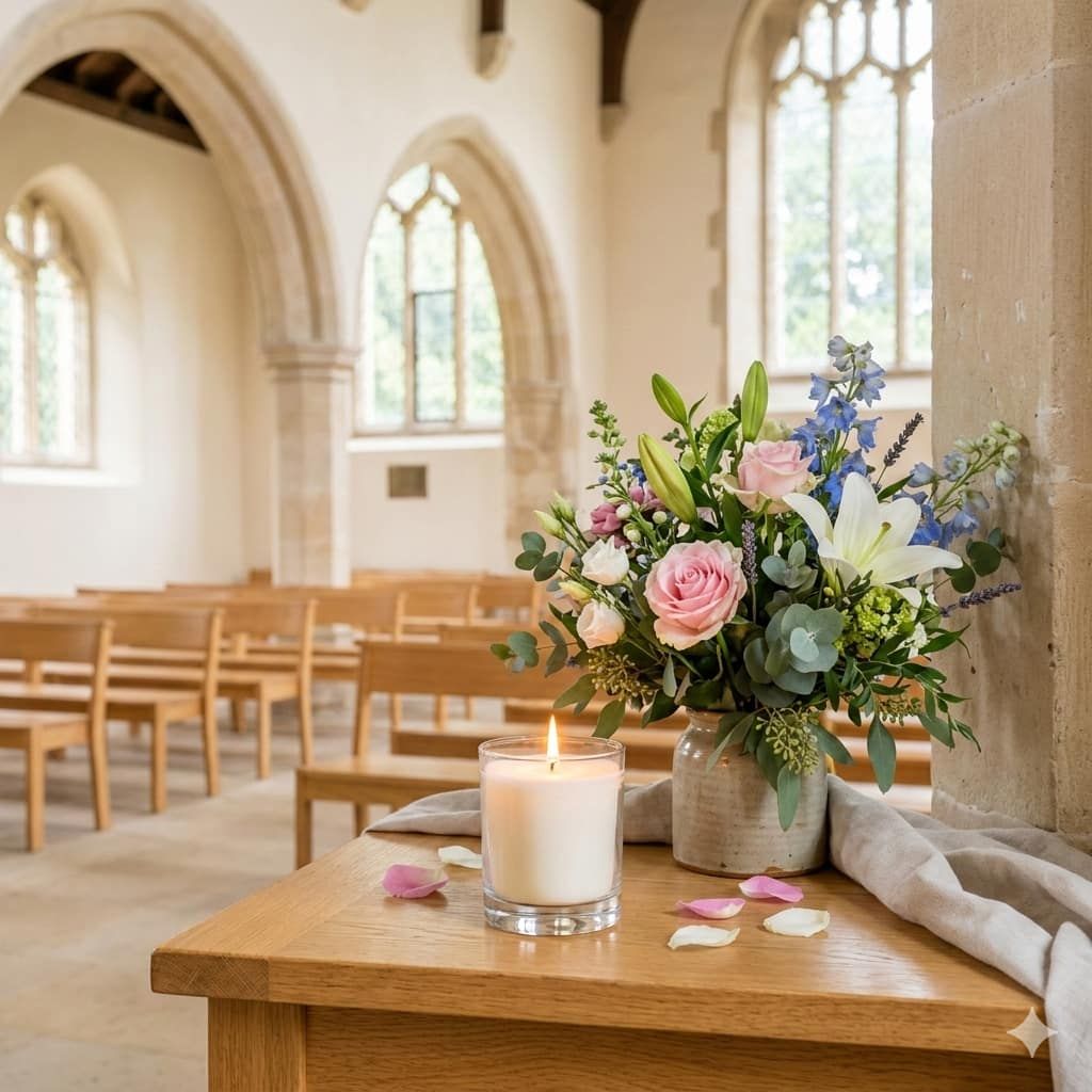 Memorial candle and flowers displayed in the chapel for Lee's Summit, MO funeral home and cremations