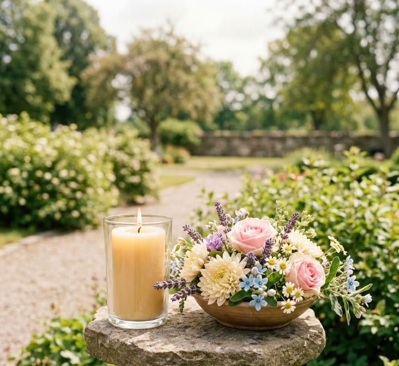 Memorial candle and flowers reflecting services at the Independence, MO funeral home and cremations