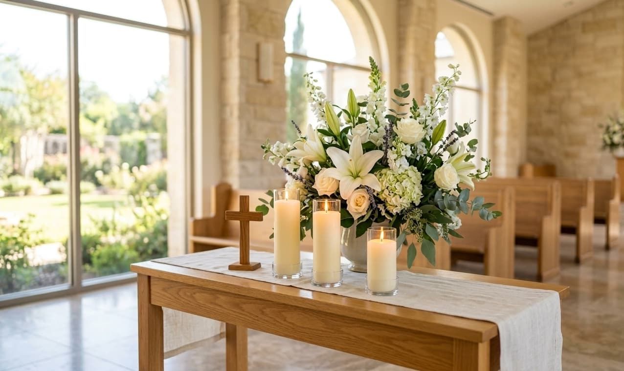 Memorial chapel interior with candles and flowers at Blue Springs, MO funeral
home and cremations