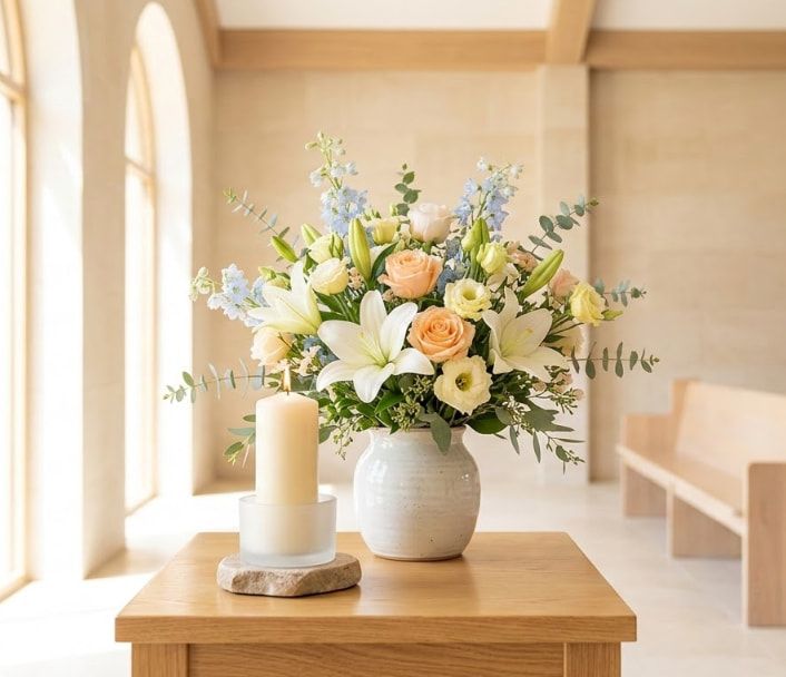 Soft floral tribute and a candle displayed in the chapel for Blue Springs, MO funeral home and cremations