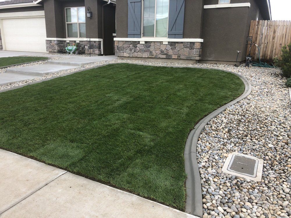 A house with a lush green lawn and rocks in front of it.