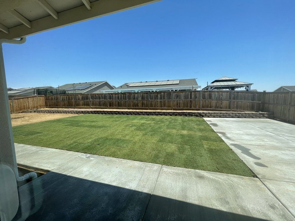 There is a large lawn in the backyard of a house.