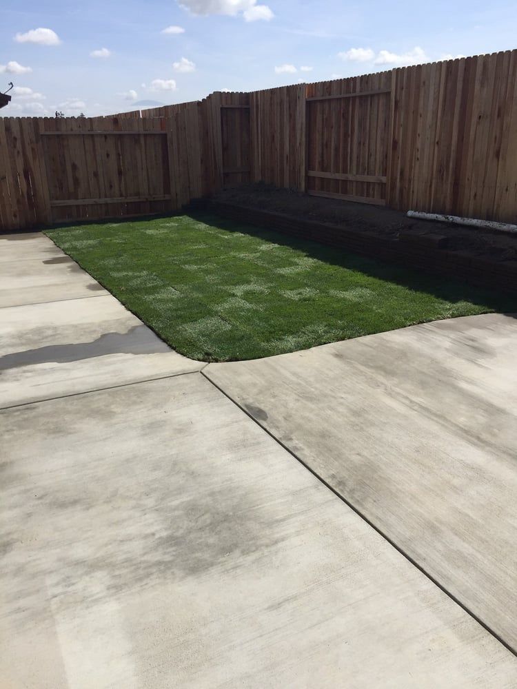 A backyard with a wooden fence and grass