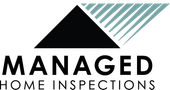 The logo for managed home inspections is a stylized roof with rain beating down on it but protected from elements.