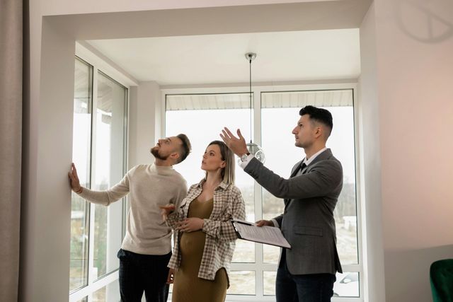 A man and a woman are looking at a window in a living room with a real estate agent.